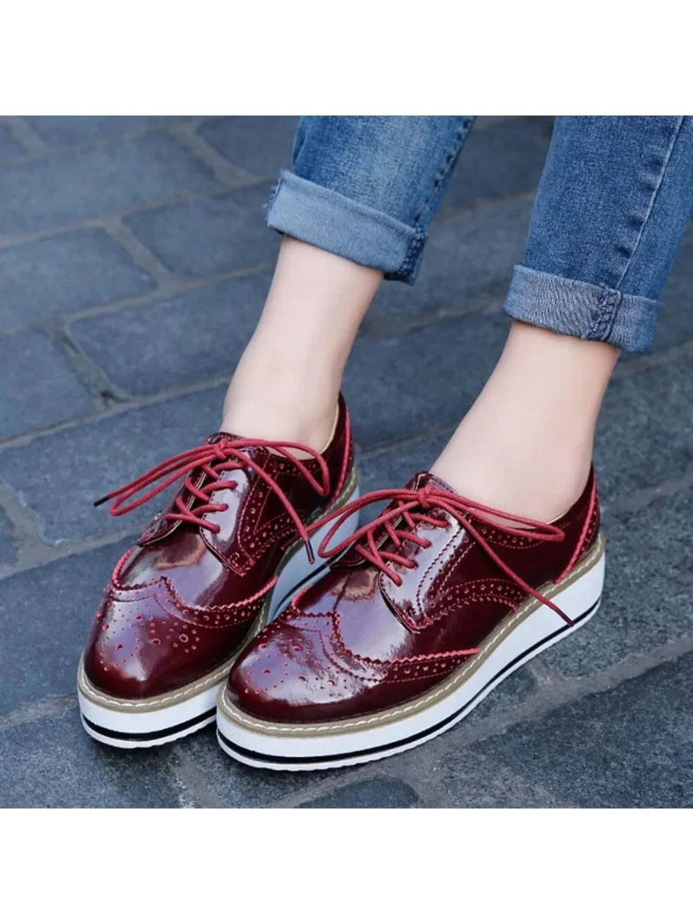 Women's Rose Round Toe Lace Up Leather Oxford Shoes Wingtip White Platform